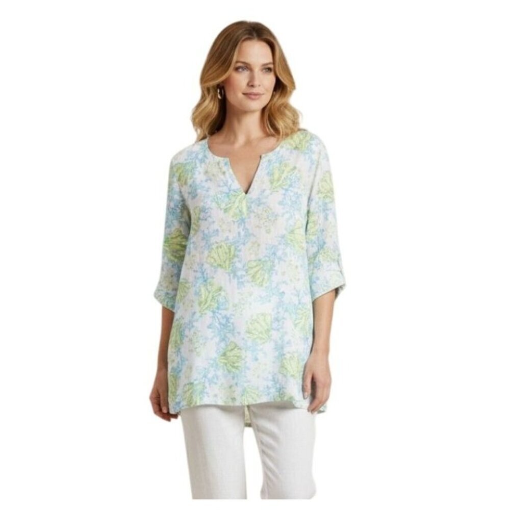 J. Jill Love Linen Tropical Sea Turtle V Neck Tunic Top Size 1X